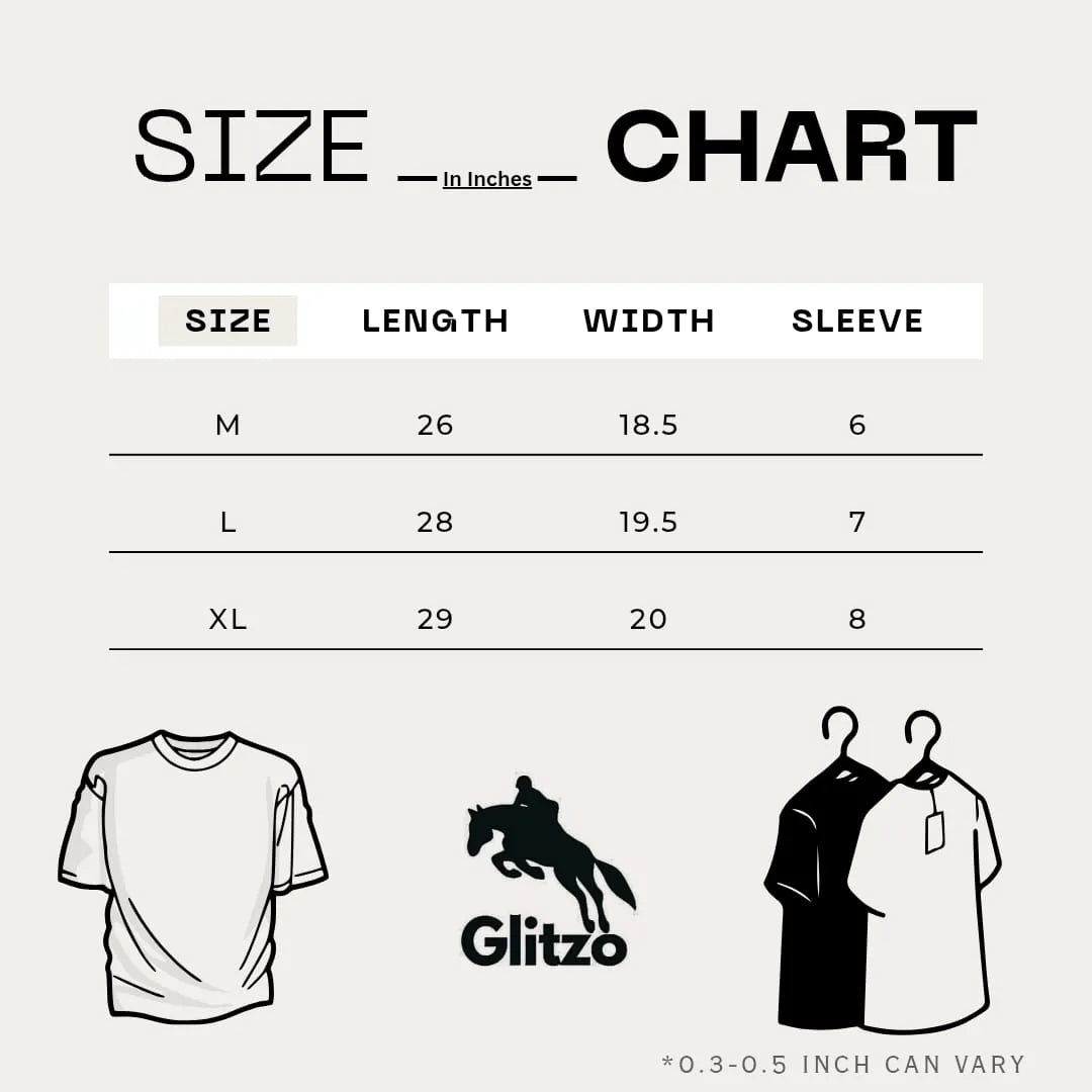 Size chart for shirts with measurements in inches, featuring the Glitzo brand logo.