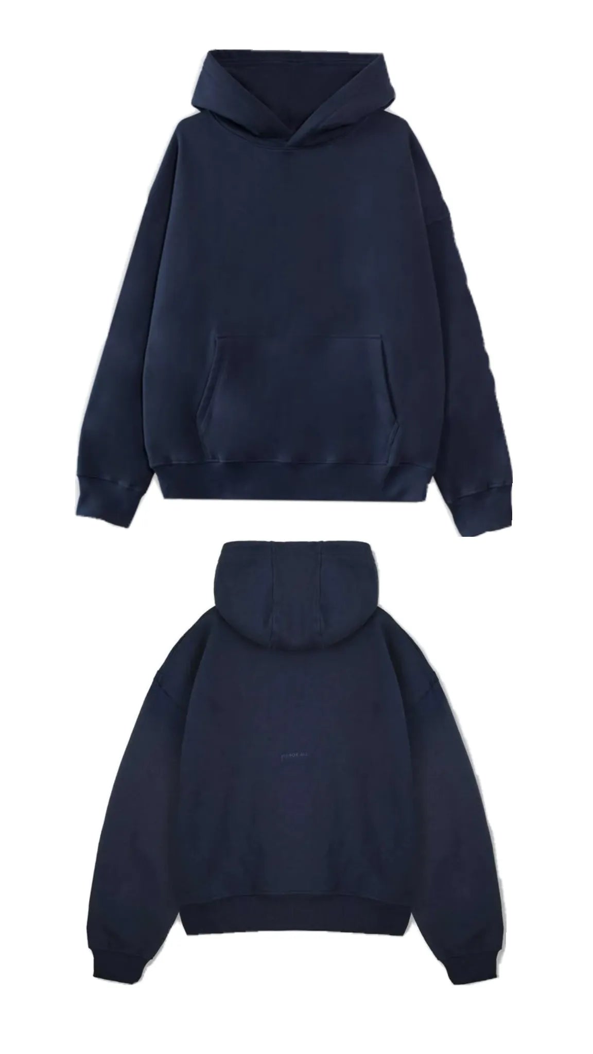 Navy blue hoodie shown from front and back on a white background