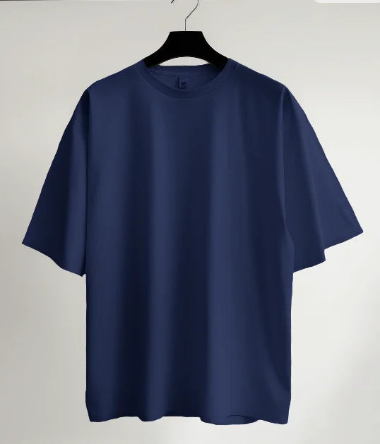 Navy blue t-shirt on a hanger against a white background