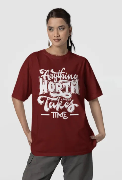 oversized front printed maroon tshirt women