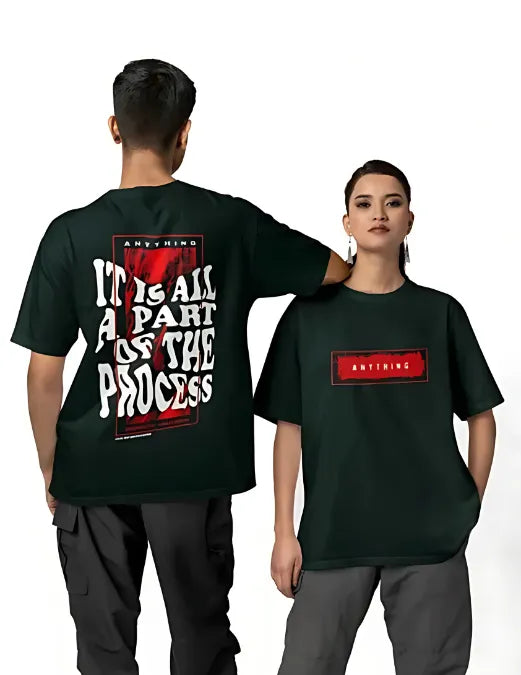 Two people wearing black t-shirts with text and graphics on a white background