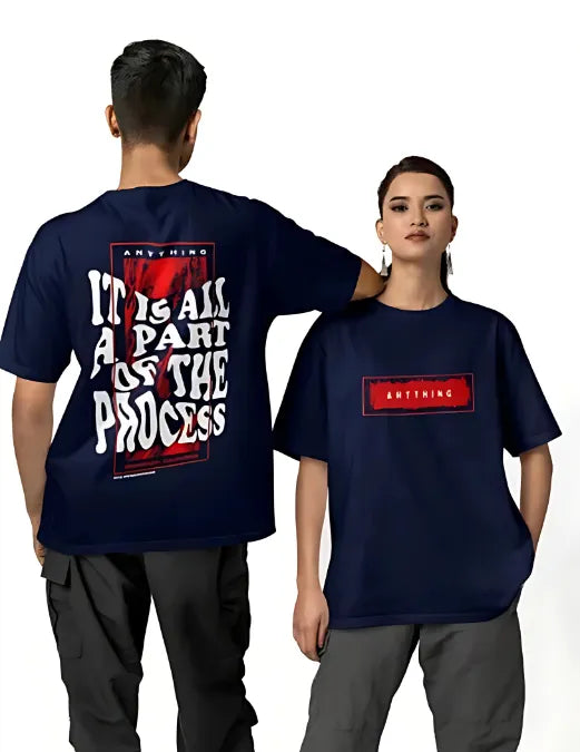 Two people wearing navy blue t-shirts with text and logos on a white background