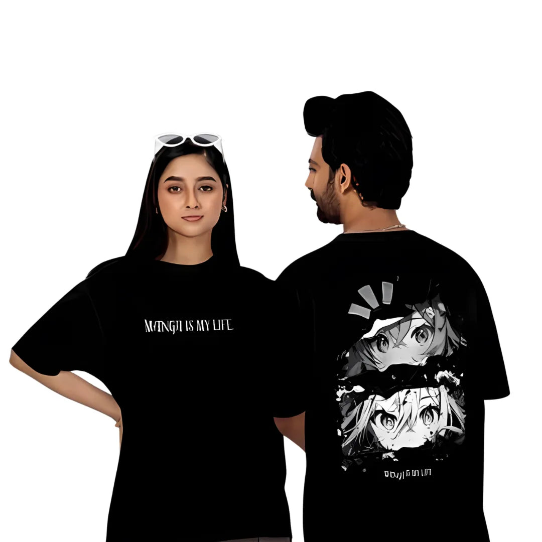Person wearing a black t-shirt with text on a plain background