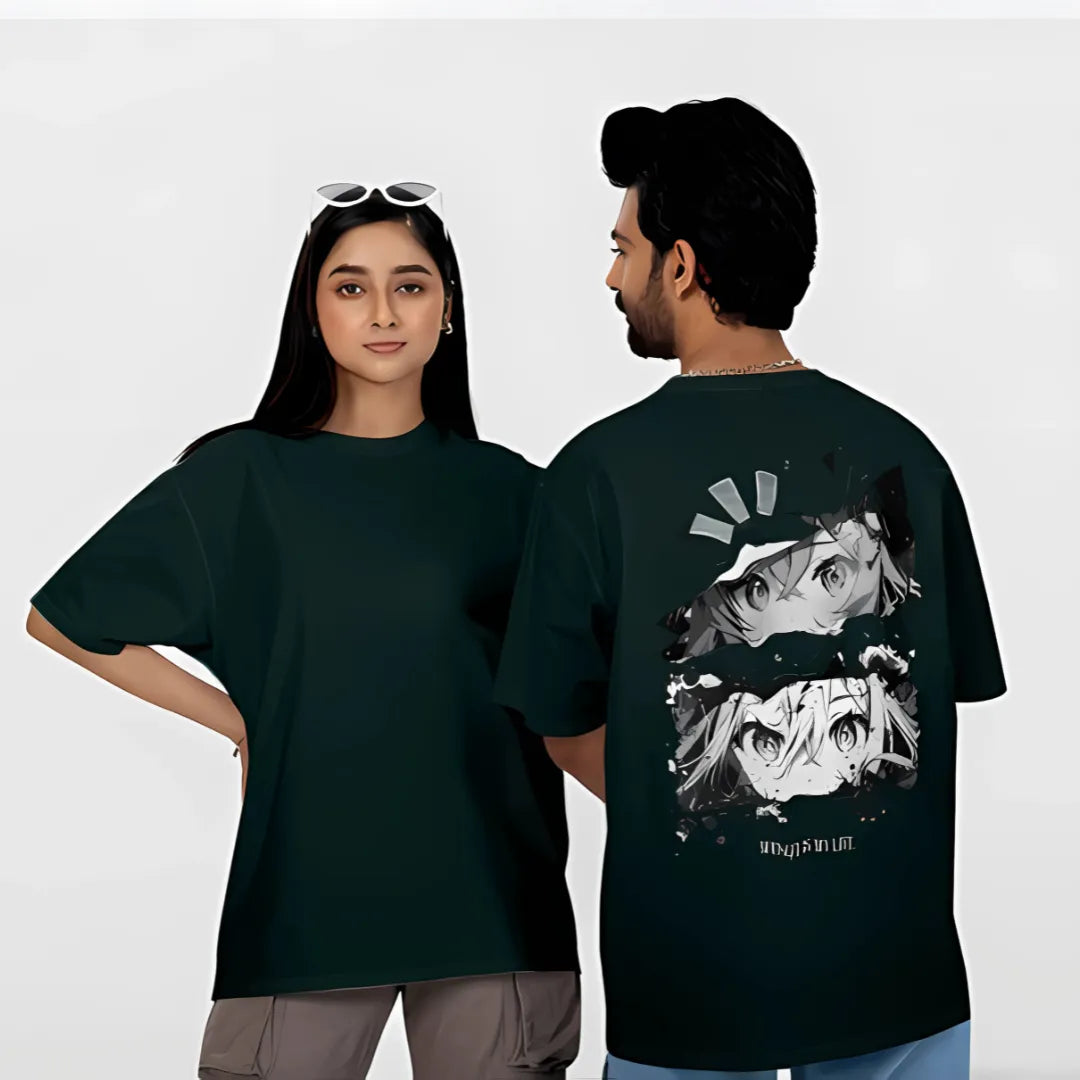 Two people wearing dark green t-shirts, one with a design on the front and one with a design on the back.