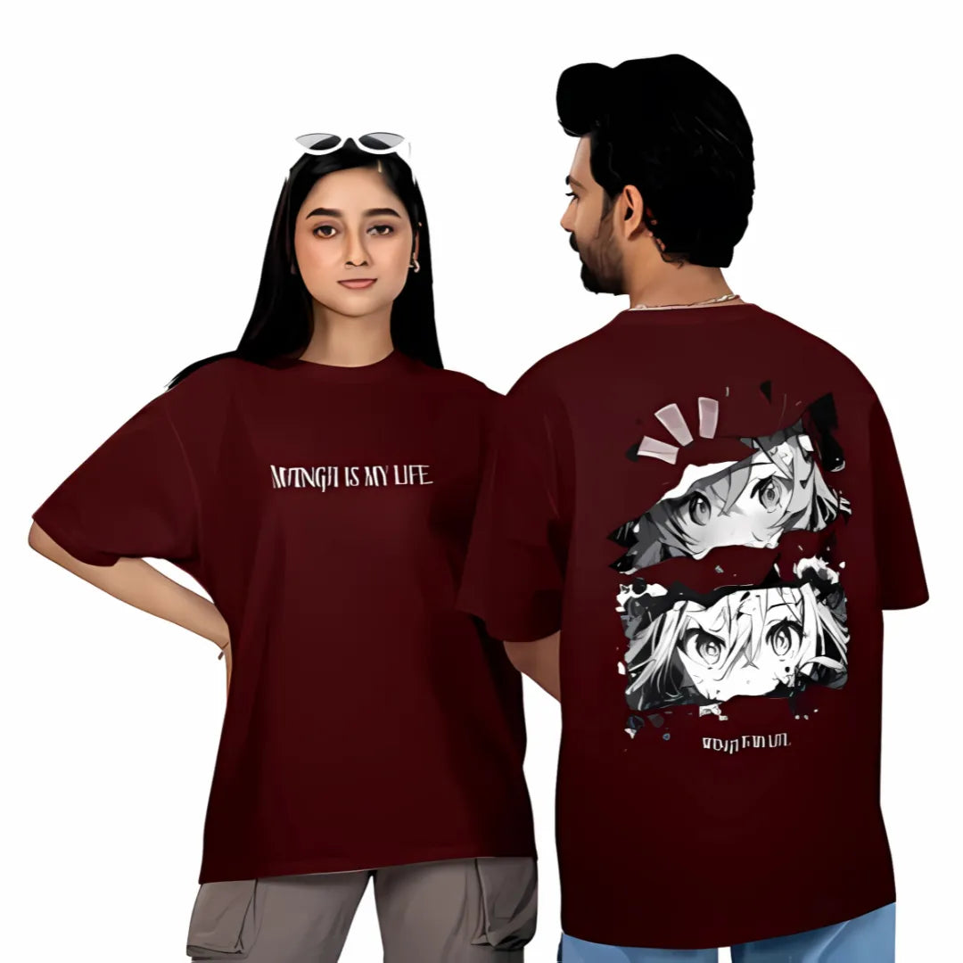 Person wearing a maroon t-shirt with text on a plain background
