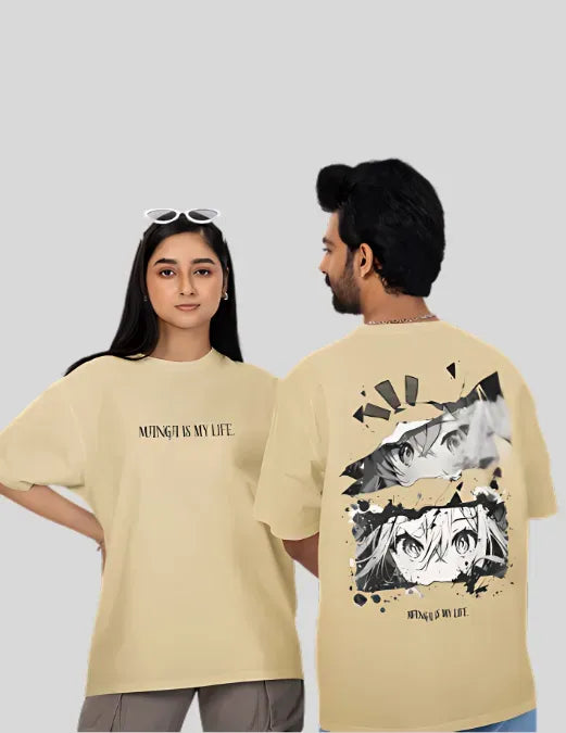 Two people wearing beige t-shirts with graphic designs on a light gray background